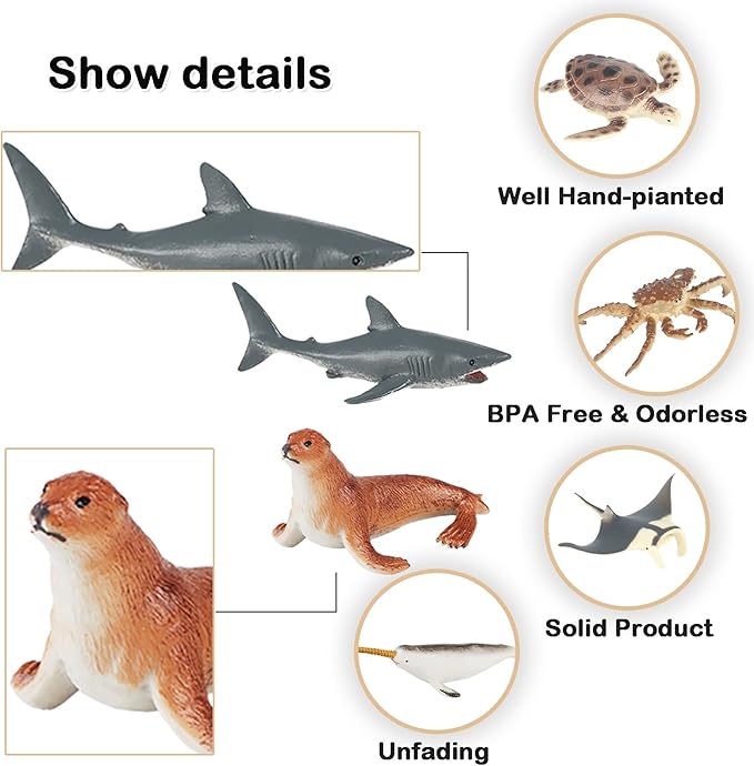 24PCS Mini Ocean Animal Figurines - Realistic Sea Creatures Toy Figures with Sharks, Whales & Walrus - Under The Sea Life Figure for Party Decoration, Easter Egg Filler & School Project