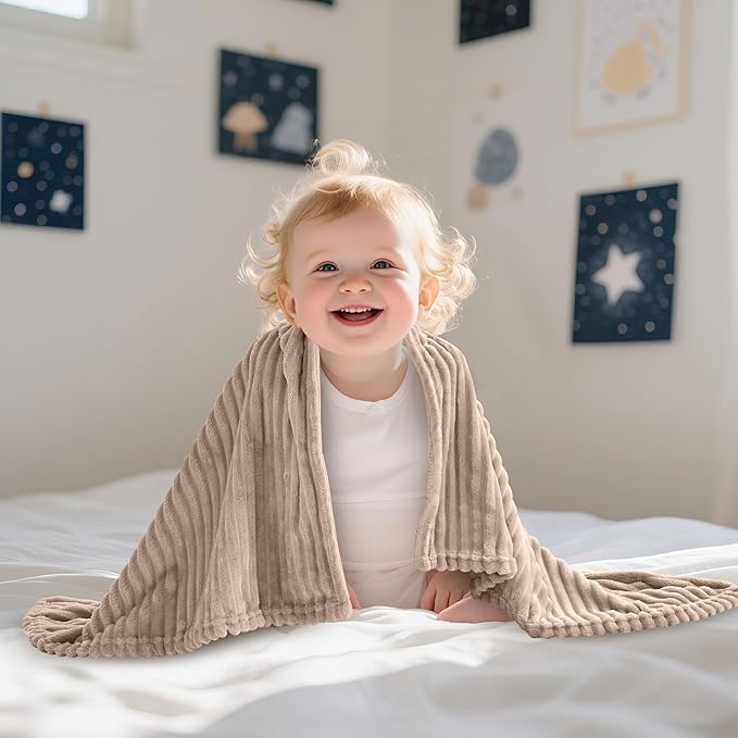 Soft Fleece Baby Blanket Ultra Cozy Baby Blankets for Boys Girls Warm and Lightweight Infant Toddler Newborn Receiving Gift with Reversible Stripes for Crib Stroller, 30x40 Inch, Linen