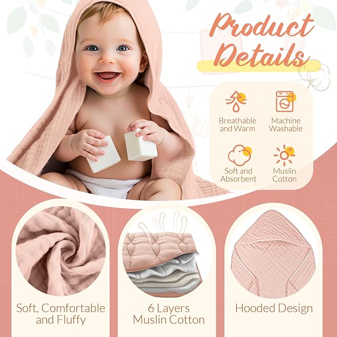 VitalCozy 12 Pcs Baby Muslin Hooded Bath Towels and Washcloths, 32 x 32 Inch Muslin Cotton Hooded Baby Towels Absorbent Hooded Blankets for Gift Newborn Infant Shower (Pink Beige Series)