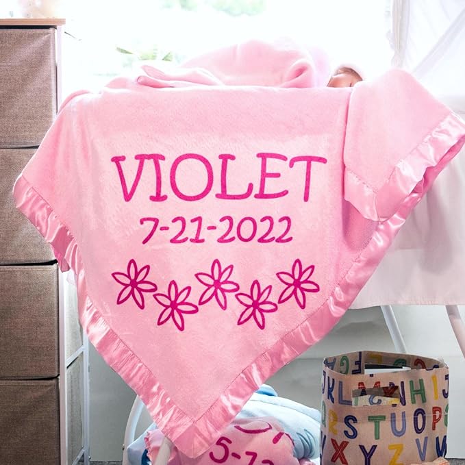 Custom Catch Personalized Girl Pink Baby Blanket Gift with Flower, Ladybug, Bee or Butterfly