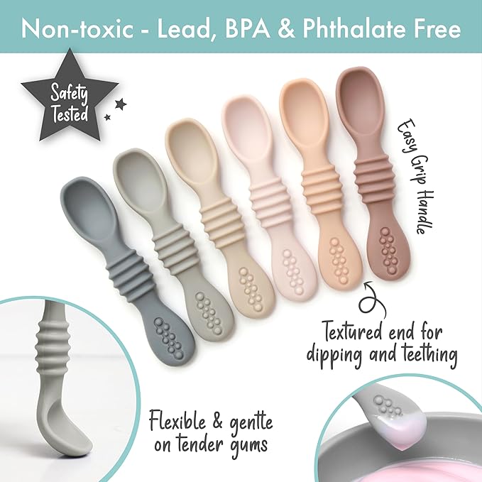 PrimaStella Silicone Chew Spoon 6-Piece Set | First Stage Feeding Spoons | Baby Led Weaning Supplies | BPA Free | Dishwasher and Boil Safe | Neutral Palette