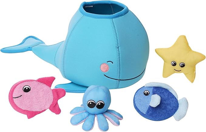 Manhattan Toy Neoprene Whale 5-Piece Floating Spill n Fill Bath Toy with Quick Dry Sponges and Squirt Toy