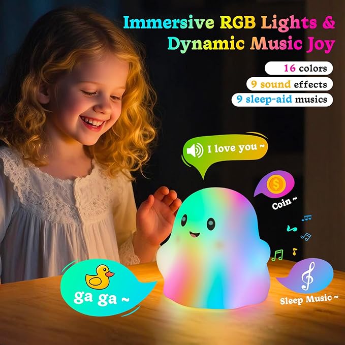Rechargeable Night Light for Kids, RGB Ghost Night Lights 30-Min Timer/9 Sounds/9 Sleep Music/Touch Sensor, Multi-Color Silicone LED Night Lamp for Bedroom Nursery Room Christmas Decor