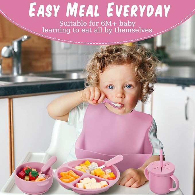 Yinder 24 Pack Silicone Baby Feeding Set Baby LED Weaning Supplies Includes Suction Divided Plates Soft Bowl Spoons Forks Adjustable Bib Snack Cup and Straws (Purple, Pink, Nude)