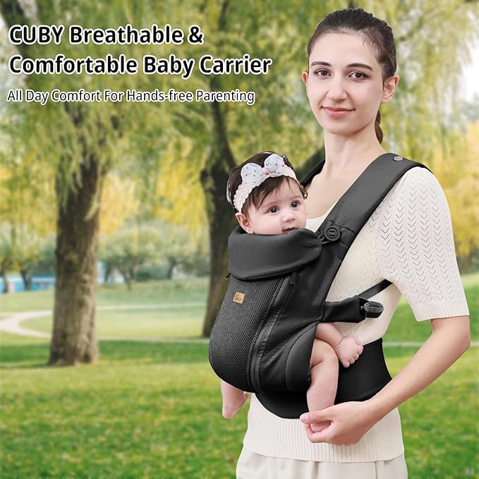 CUBY Newborn Baby Carrier with Head Support and Sunshield, Breathable & Easy Adjustable Newborn Toddler Front Baby Carriers Sling,Hands-Free Newborn Carrier up to 40lbs(Black,Upgraded-with Waist Belt)