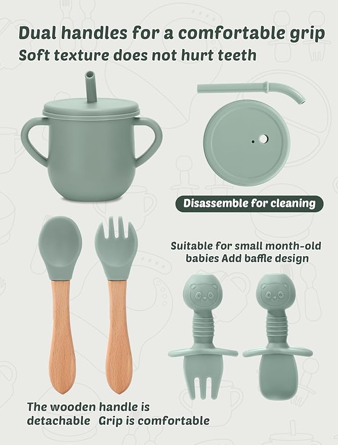 24 PCS Silicone Baby Feeding Set, Baby Led Weaning Supplies Includes Suction Bowls and Divided Plates, Adjustable Silicone Bib, Spoons&forks, Training cup with straw (Green+Brown+Beige)