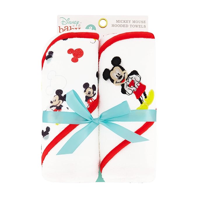 Disney Cudlie Baby Boy Mickey Mouse 2 Pack Rolled/Carded Hooded Towels in Happy Place Print
