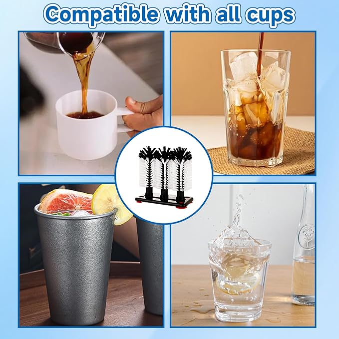 STARVAST 2Pcs Water Bottle Cleaning Brush with Suction Base, Black 3 Head Bristle Bar Glass Washer, Cup Washer Brush Cleaner for Bar Beer Cup, Wine Glass(7.3 x 3.7 x 7.6) Inch