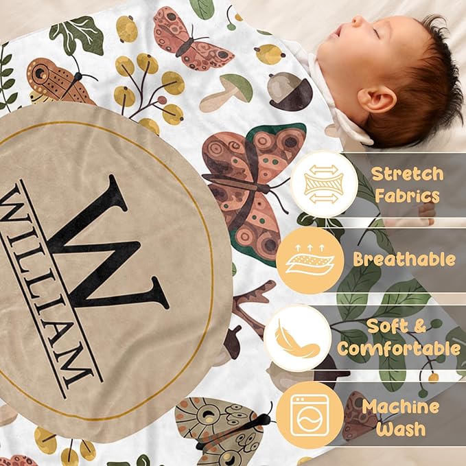 Personalized Baby Blanket, Customized Newborn Blankets with Name, Soft Receiving Blanket for Boy Girl, Green Mushroom Double Layer Dotted Swaddle, Nursery Toddler (60"x80")