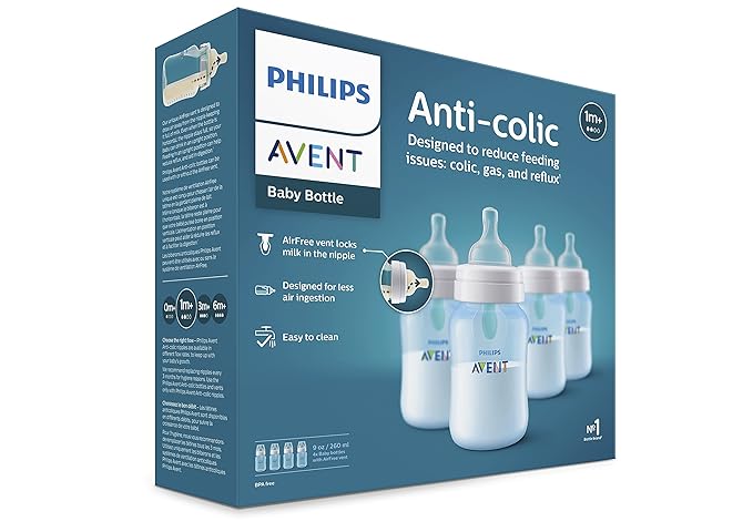 Philips Avent Anti-Colic Bottle with AirFree Vent, 9oz, with Flow 2 Nipples, 1m+, 4pk, Blue, SCY703/24 (Pack of 6)