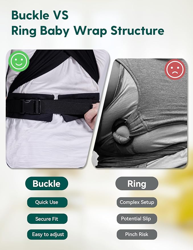 BABELIO Baby Wraps Carrier with Adjustable Buckle, Easy to Wear Lightweight Baby Carrier Newborn, Hands Free Toddler Infant Slings 7-35lbs Black