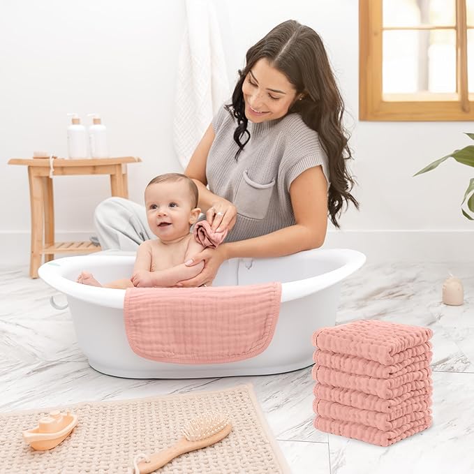 Comfy Cubs Muslin Baby Washcloths 6 Pack - Soft 6-Layer Cotton Wash Cloths for Sensitive Skin - 10"x10" Large, Gentle, Absorbent Infant Essentials for Newborn and Toddlers - Bold Blush