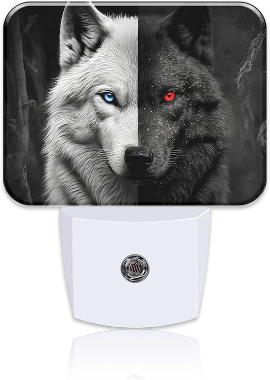 Black White Wolf Night Light for Kids Girls Boys, Red Blue Eyes Wolf LED Night Light Plug into Wall with Dusk to Dawn Sensor for Bedroom, Hallway, Kitchen, Bathroom, Stairs Decor