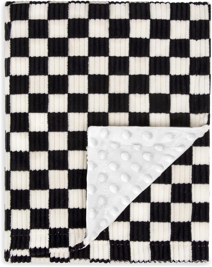 Baby Blanket for Boys Comfy Durable Corduroy Toddler Blanket with Double Layer Dotted Backing Checkerboard Grid Chessboard Gingham Warmer Bed Blankets for Newborn Infants Black, 30x40 Inches
