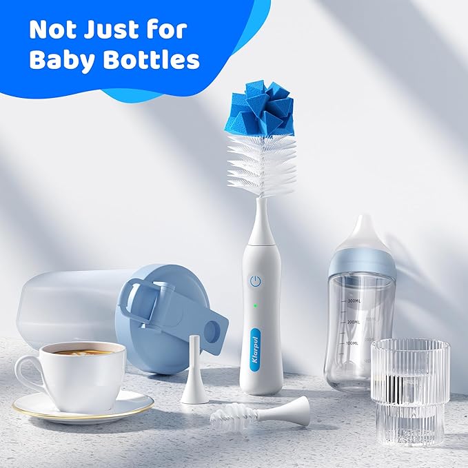 Electric Bottle Brush Cleaner, IPX7 Waterproof Baby Bottle Brush with Replaceable Nipple Cleaning Kit & Extender Rod, 2 Speed Modes, 360° Auto Cleaning, 2000mAh Battery, Rechargeable, Blue