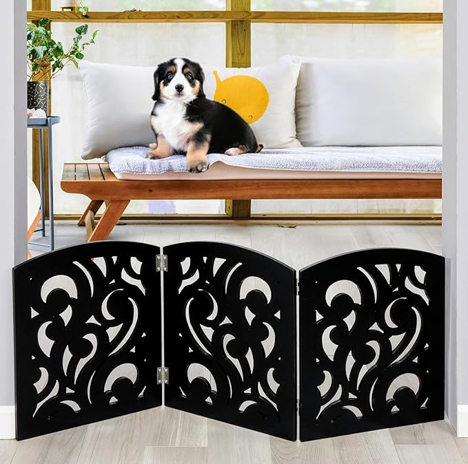 Bundaloo Freestanding Dog Gate Expandable Decorative Wooden Fence for Small to Medium Pet Dogs, Barrier for Stairs, Doorways, & Hallways