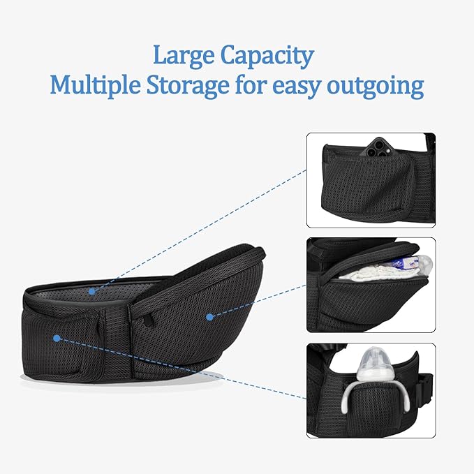 Baby Hip Carrier - Hip Carrier for Baby with Baby Safety Strap - Toddler Carrier 7-45 lbs - Ergonomic Infant Holder Baby Carrier with Hip Seat Large Capacity Pockets(Black)