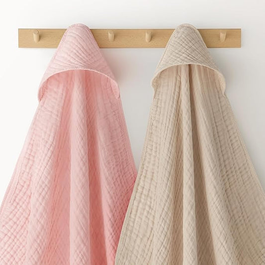 Looxii Baby Bath Towels 2 Pack Muslin Hooded Baby Towels for Newborn and Infants, 100% Cotton, Large 32x32Inch, Soft and Absorbent Beige+Pink