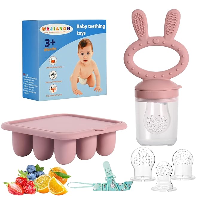 WAJIAYON Baby Breastmilk Popsicle Molds & Baby Fruit Feeder (2 Pack), Baby Food Freezer Tray Storage Containers, Silicone Teething Pacifier Feeder and Teether for Babies,Baby Feeder-Pink
