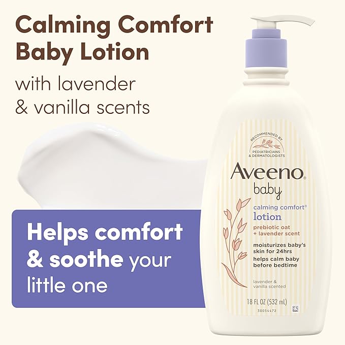 Aveeno Baby Calming Comfort Moisturizing Body Lotion with Relaxing Lavender & Vanilla Scents, Non-Greasy Baby Lotion, Nourishing Prebiotic Oatmeal, Paraben- & Phthalate-Free, 18 fl. oz