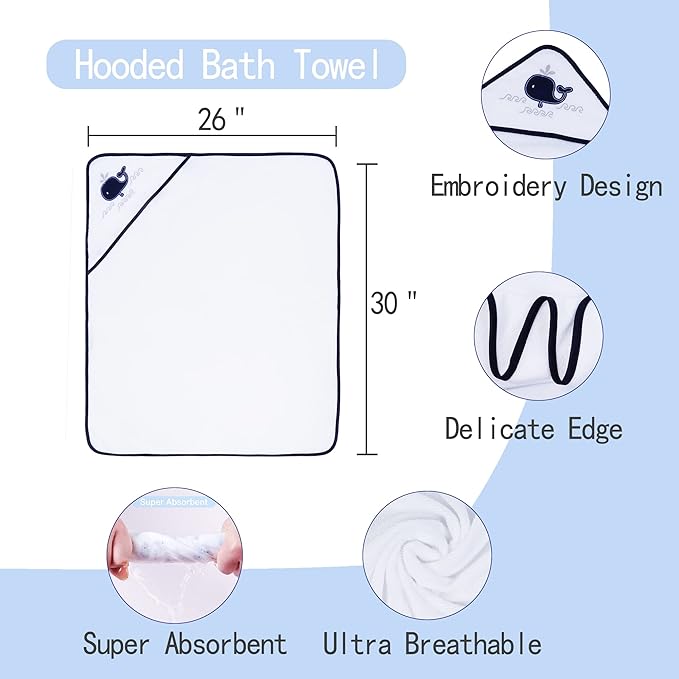 Viviland Baby Towels and Washcloths, Soft Absorbent Baby Boy Bath Towel Set, Whale Hooded Towels with 5 Infant Washcloths (6 Pieces)