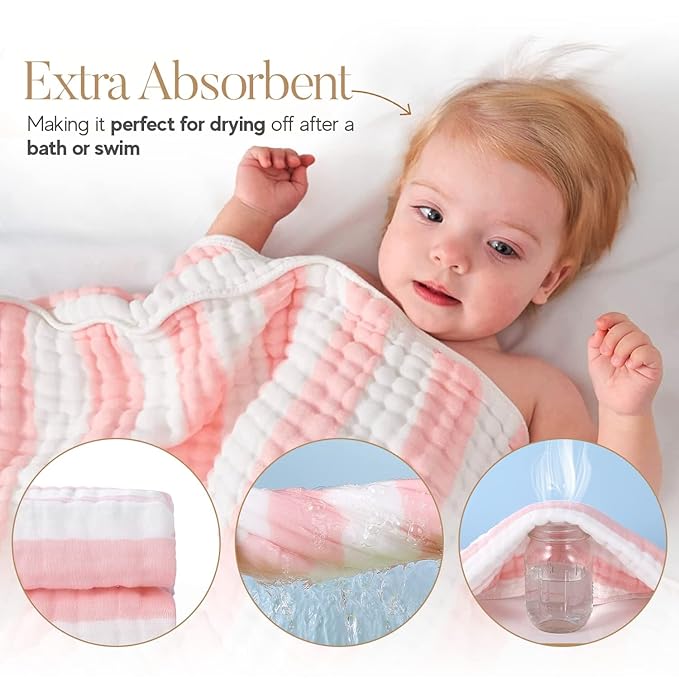 Muslin Hooded Baby Towel 4 Pack, Preuim Muslin 6 Layers Natural Cotton Baby Bath Towels, Soft and Comfortable for Boys,Girls (32x32,Pink Striped and White)