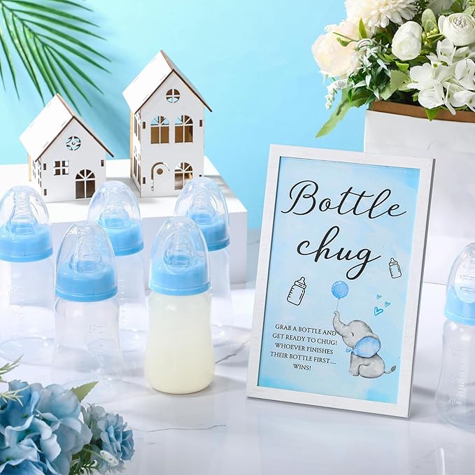 Roowest Bottle Chug Baby Shower Game Favors Including Blue Elephant Theme Wooden Sign and 18 Pcs Baby Bottles for Gender Reveal Party Supplies