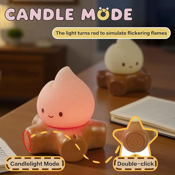 Cute Fake Campfire Lamp, Rechargeable Night Light with Flickering Candle Mode, Portable Mood Lighting for Bedroom Decor, Desk Accessories, Camping & Gifts (Basic Version)