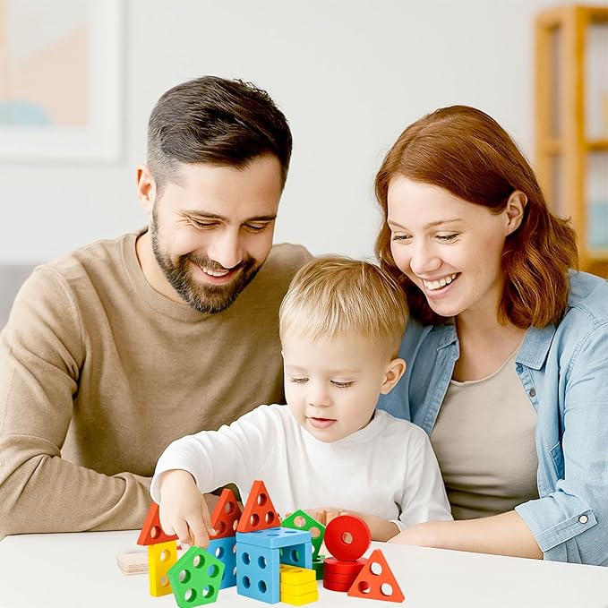 LovesTown Stacking and Sorting Learning Puzzles, Montessori Wooden Sensory Toys for Toddlers, 20 PCS