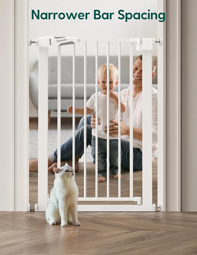 BABELIO 36" Tall Narrow Baby Gate, 26-28.5" Wide Auto-Close Metal Pet Gate for Small Stairs/Doorways/Hallways, Pressure/Hardware Mounted for Child and Pets, NO Extensions, White