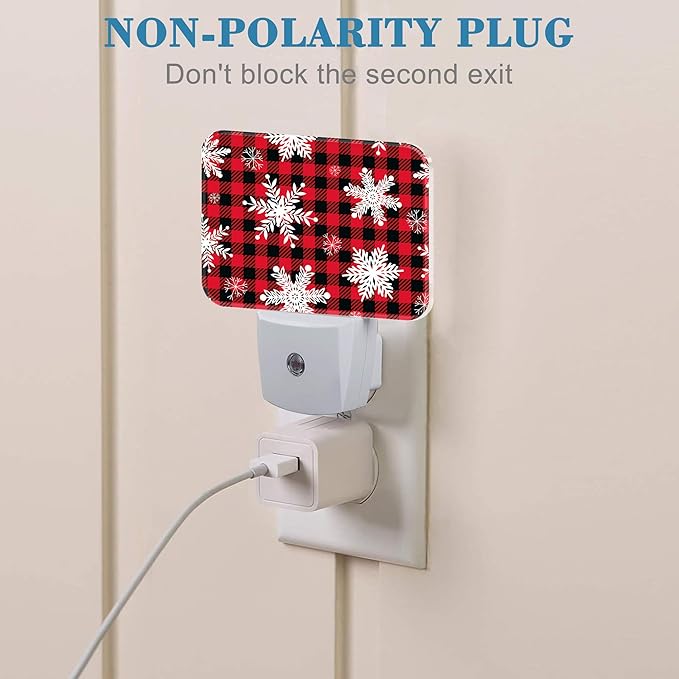 Christmas Snowflakes Night Light, Christmas Red Plaid Nightlight Plug into Wall with Dusk to Dawn Sensor for Kid Girls Boys Women Men Bedroom, Hallway, Kitchen, Bathroom, Stairs Decor
