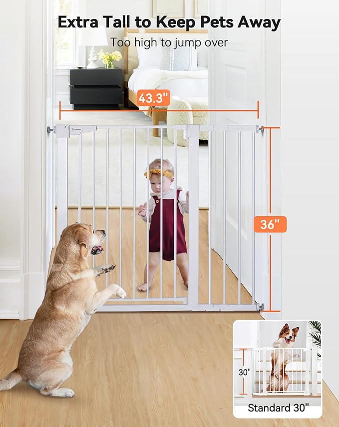 COMOMY 36" Extra Tall Baby Gate for Stairs Doorways, Fits Openings 29.5" to 43.3" Wide, Auto Close Sturdy Safety Dog Gate for House, Pressure Mounted Easy Walk Through Pet Gate with Door, White