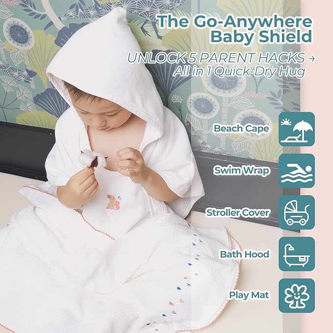 Poncho Muslin Towels for Kids Set of 6 for Embroidery,Baby Bath Towels with Muslin and Soft Terry Towel,24" x 24"Baby Beach Poncho with Seamless Pro Edge, Gifts for Boys and Girls