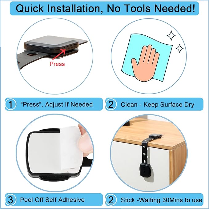 Fursafe&Q Cabinet Locks Baby Proofing, Baby Drawer Safety Locks -Adhesive Child Safety Lock Straps Adjustable Door Latch for Fridge Toilet Oven No Drill Furniture Kitchen Lock