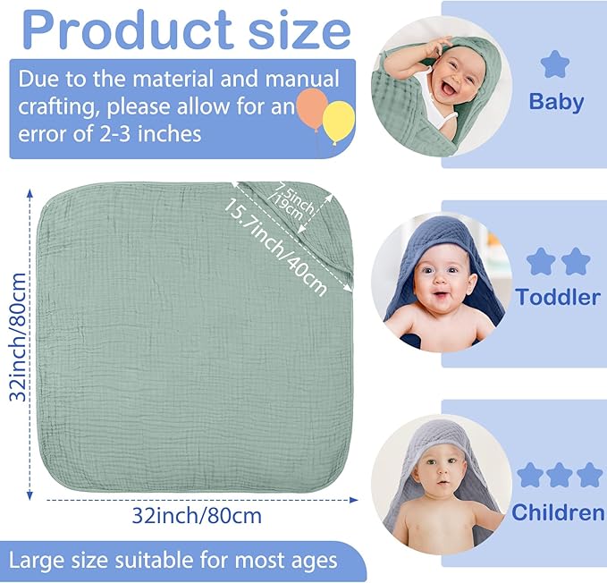 Peryiter 6 Pcs Muslin Hooded Baby Towels, 32"x 32" Cotton Newborn Bath Towel Muslin Infant Baby Blankets Absorbent Unisex Newborn Registry Gift Essentials for Girls Boys (Green Series)
