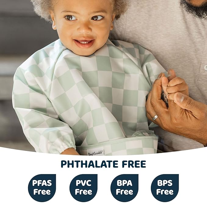 Tiny Twinkle Long Sleeve Bib for Babies & Toddlers – Waterproof Smock Bib for Eating – Machine Washable & Mess-Proof, Baby Feeding Essential & Shower Must-Have(Checkers Sage, 6–24M)