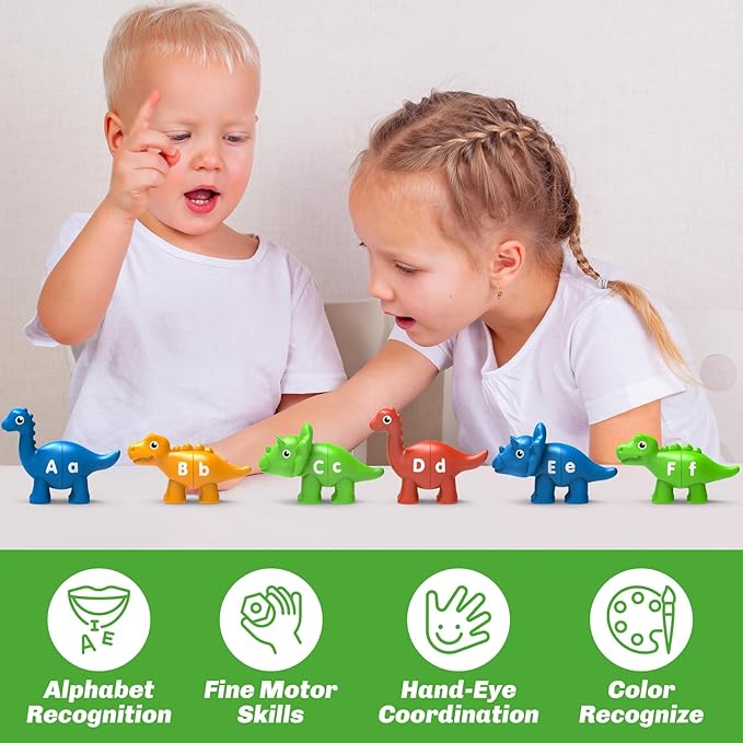26PCS Dinosaur Alphabet Learning Toys for Kids 3-5, Montessori Educational Toys for 3 4 5 Year Old, Toddlers Preschool Activities Fine Motor Toys for Boys, Double Sided ABC Matching Game