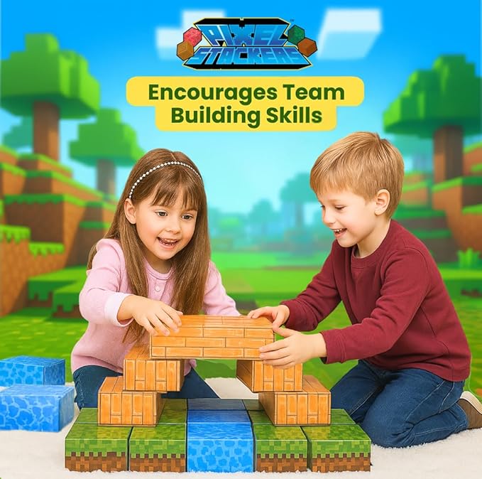 PixelStackers 100 Jumbo Building Blocks for Children Large Cardboard Blocks, Big Blocks Set for Mine Creative Craft Play & Early Learning, Easy to Assemble Big Building Blocks
