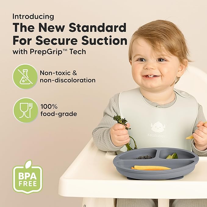 KeaBabies Suction Plates for Baby, Toddler - 3-Pack 100% Silicone Toddler Plates with Suction, Divided, BPA-Free Baby Led Weaning Essentials for Kids, Dishwasher, Microwave Safe, Durable (Slate)