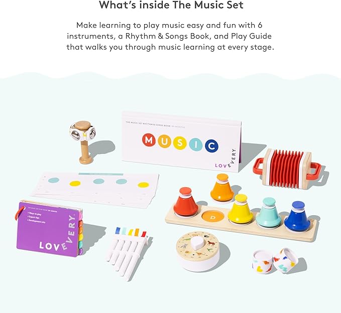 Lovevery | The Music Set | 6 Montessori Musical Instruments & Rhythm Book | Educational Toys for Toddlers & Preschoolers | Simple Songs and Play Guide | Ages 18 Months to 4+ Years
