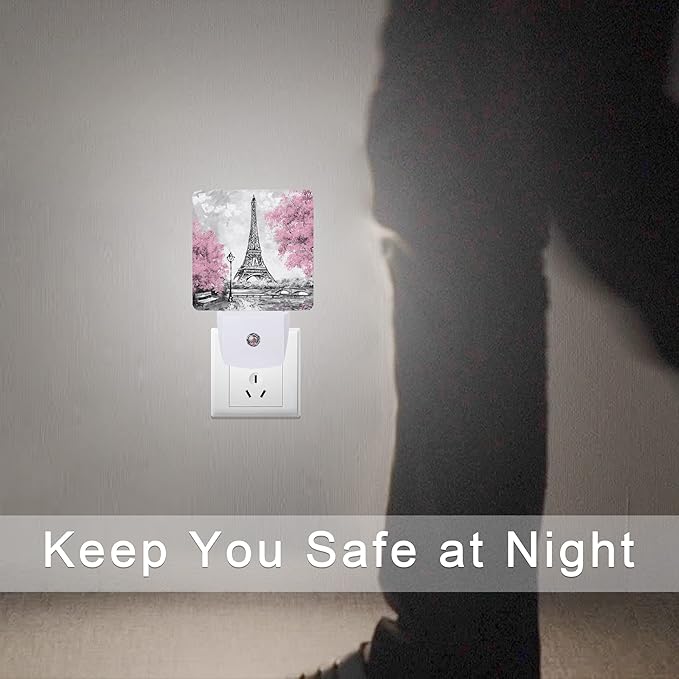 Eiffel Tower Paris Pink Flower Night Light Plug-in LED Nightlights Auto Sensor Night Lamp Dusk-to-Dawn Lamp Home Decor for Nursery Children Girls Boys