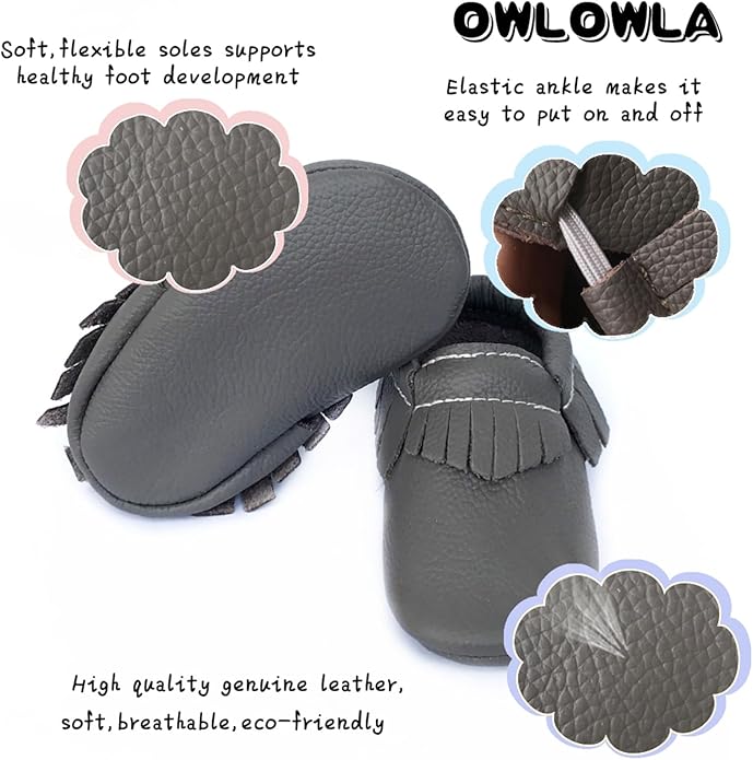 OWLOWLA Baby Moccasins Soft Sole Leather Baby Shoes Infant Toddler Pre-Walker Shoes Baby Boy Girl