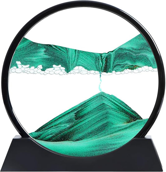 Moving Sand Art Liquid Motion, 3D Deep Sea Sandscape Color Quicksand Decor, Round Glass Moving Sand Art Picture Relaxing Desktop Home Office Work Decor (Green, 12 inch)