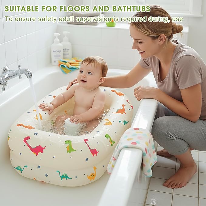 Inflatable Baby Bathtub with Built-in Air Pump, Back Support, Portable Travel Baby Bath Tub, Deflates and Folds Easily, Newborn to Toddler 3-20 Months (Dinosaurs)