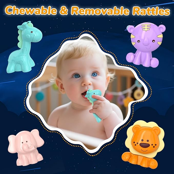 Crib Mobile with Music and Lights, Baby Mobiles for Cribs, Nursery Mobile Arm Hanging Toys for Bassinets Girls Boys Babies, Musical Infant Space Portable Mobiles Clip On Pack and Play Hanger