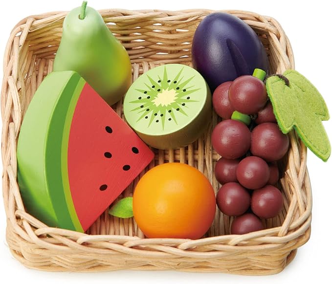 Tender Leaf Toys - Fruity Basket - 6 Pcs Solid Wood Fruits with Hand-Crafted Basket, Pretend Food Toy Playset Supermarket Shopping Game Play Kitchen Farmer's Market Accessories for Kids - Age 3+