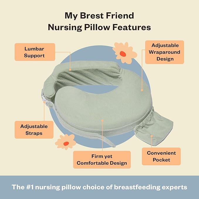 My Brest Friend Nursing Pillow - Deluxe - Enhanced Comfort w/Slipcover - Ergonomic Breastfeeding Pillow for Ultimate Support for Mom & Baby - Adjustable Pillow W/Handy Side Pocket, Spring Green