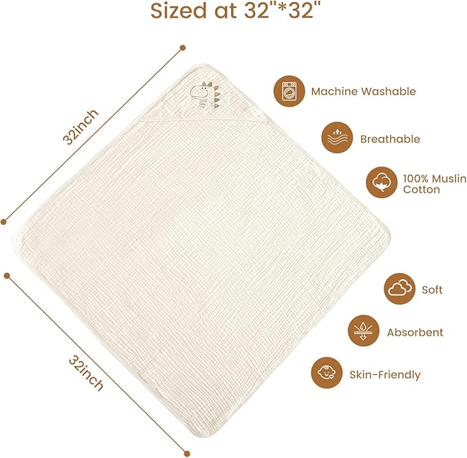 david's kids 2 Pack Hooded Baby Towels, Large 32"x32", 6 Layer 100% Muslin Cotton Highly Absorbent Boy Bath Towel for Newborn, Infant and Toddler, Soft and Breathable Baby Essentials, Dinosaur Story