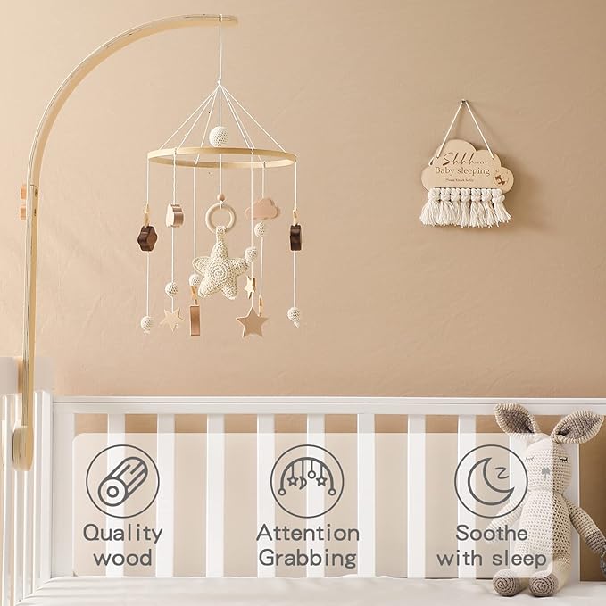 let's make Baby Crib Mobile with Arm Boho Star Moon Nursery Mobile Set Wooden Baby Mobile Holder for Hanging Nursery Decor Ceiling Mobile