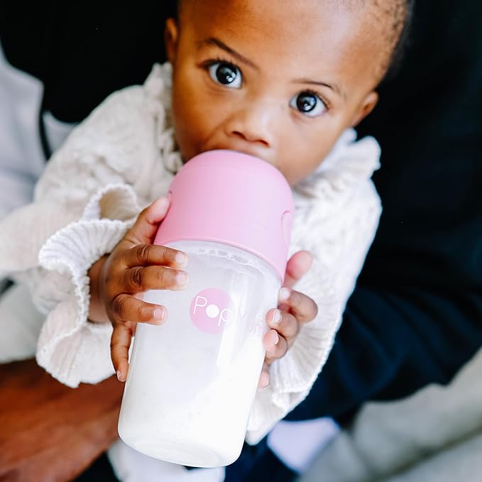 PopYum Pink Formula Making Baby Bottle Starter Set, 4-Pack, 2X 5oz Bottles with #1 Slow Flow Nipples + 2X 9oz Bottles with #2 Medium Flow Nipples, Mixing, Dispenser